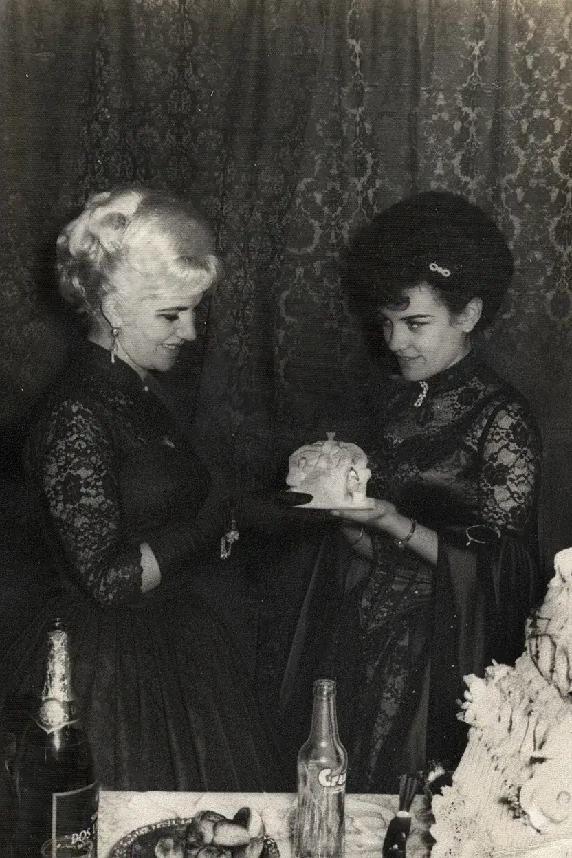 Black-and-white vintage photo of two women in lace dresses standing by a table; one holds a small decorated cake on a plate while they smile at each other, with bottles, a cake and party food in the foreground. Disaffiliation series, 2025–2026.
